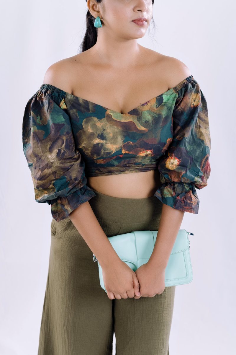 Dark Floral Off-Shoulder Puff Sleeve Crop Top